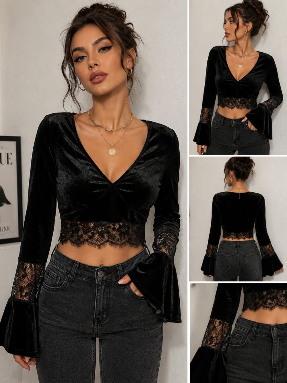 SHEIN Black Velvet Lace Trim Crop Top Bell Sleeve Gothic Party Blouse Size M